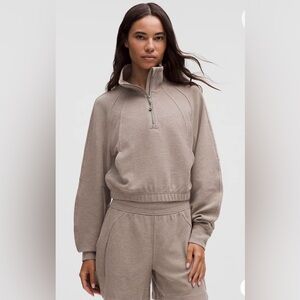 Scuba Cropped Funnel Neck Half Zip Waffle Heathered Warm Ash Grey Women’s S